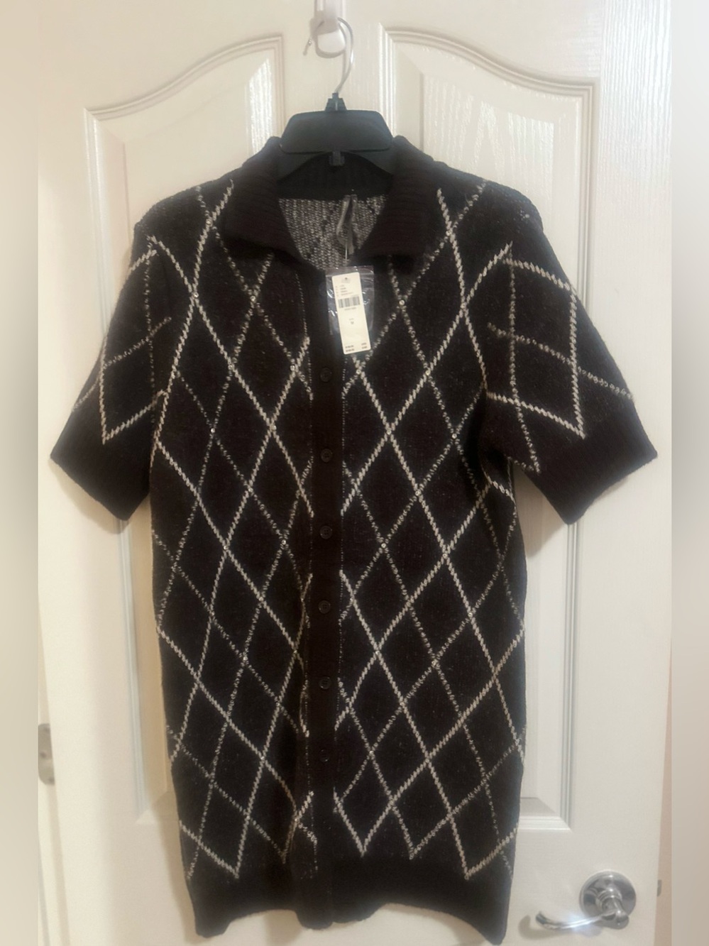 NWT Women’s Anthropologie Rhinestone Sweater Brown Ivory Argyle Preppy Dress M.